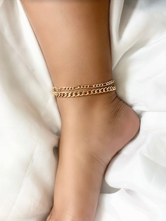 Gold Cuban x Figaro Anklet Set