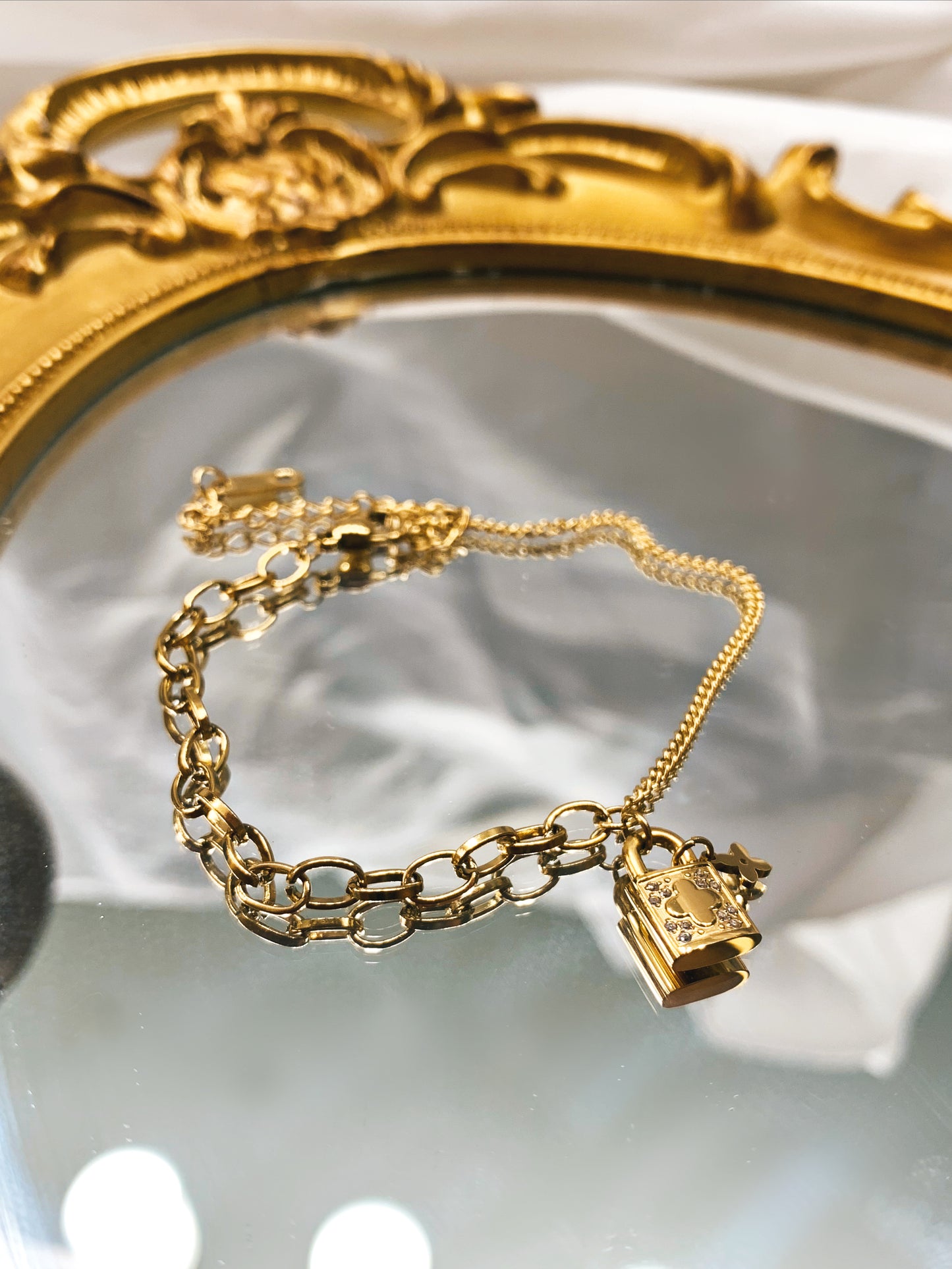 Gold Clover Lock Charm Bracelet